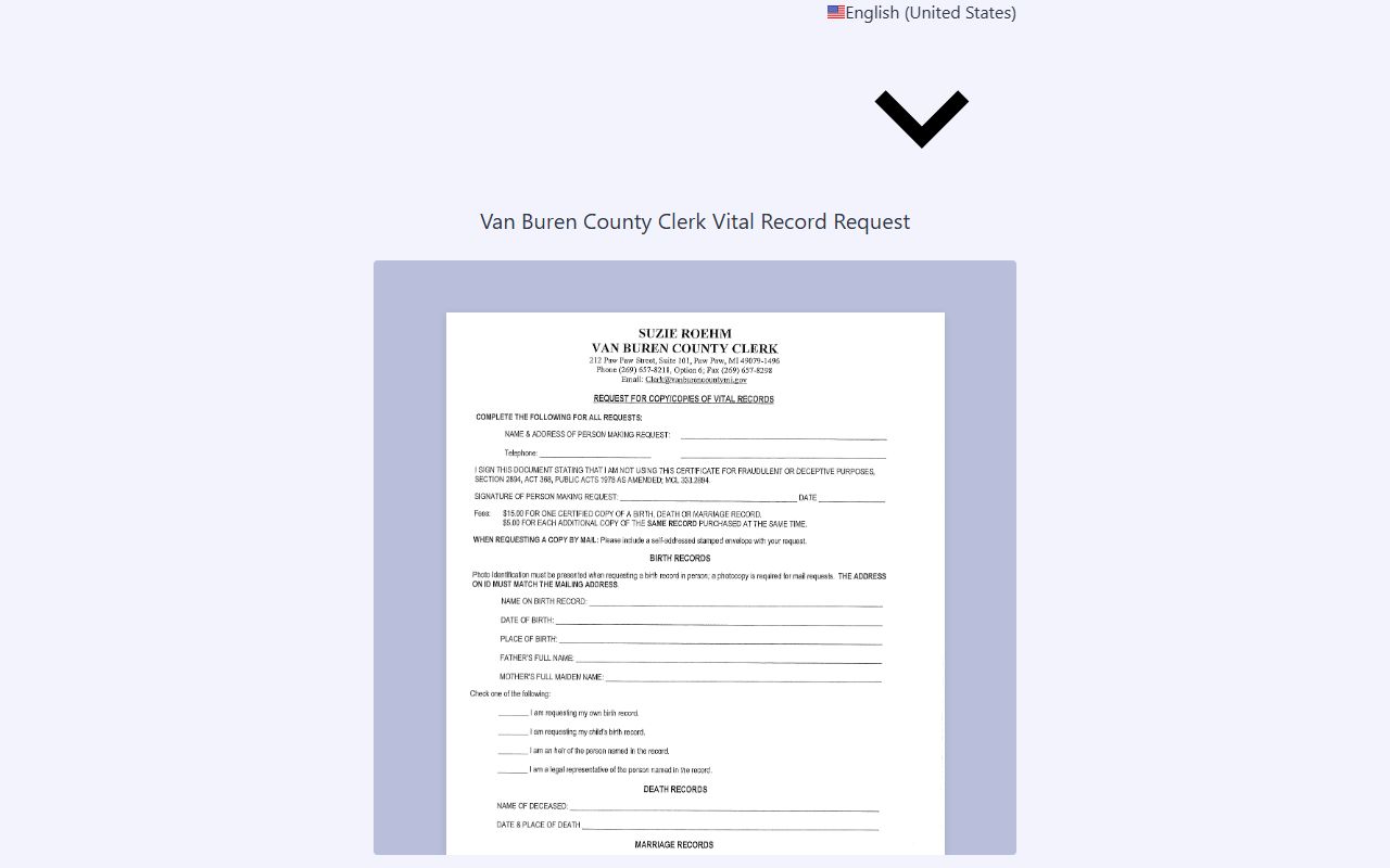 Van Buren County Clerk online vital record request form for certified copies