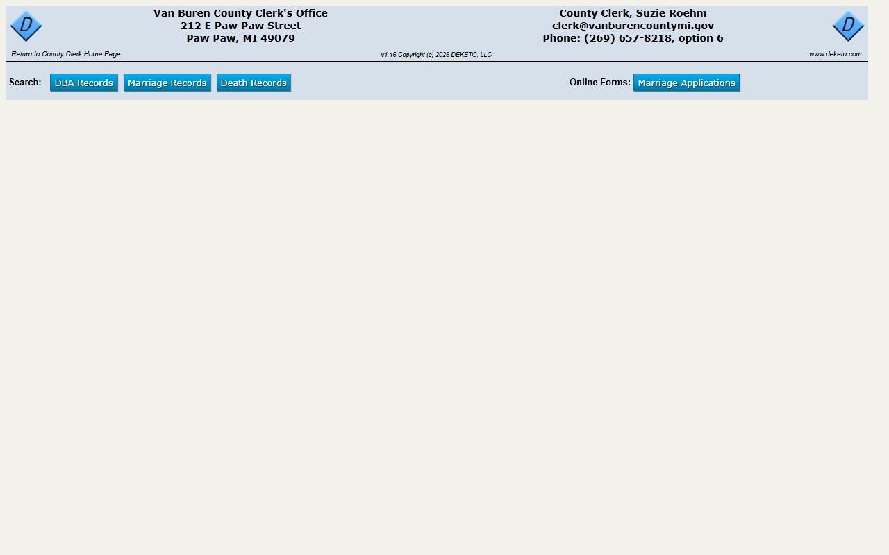 Van Buren County Clerk online vital and marriage index search page