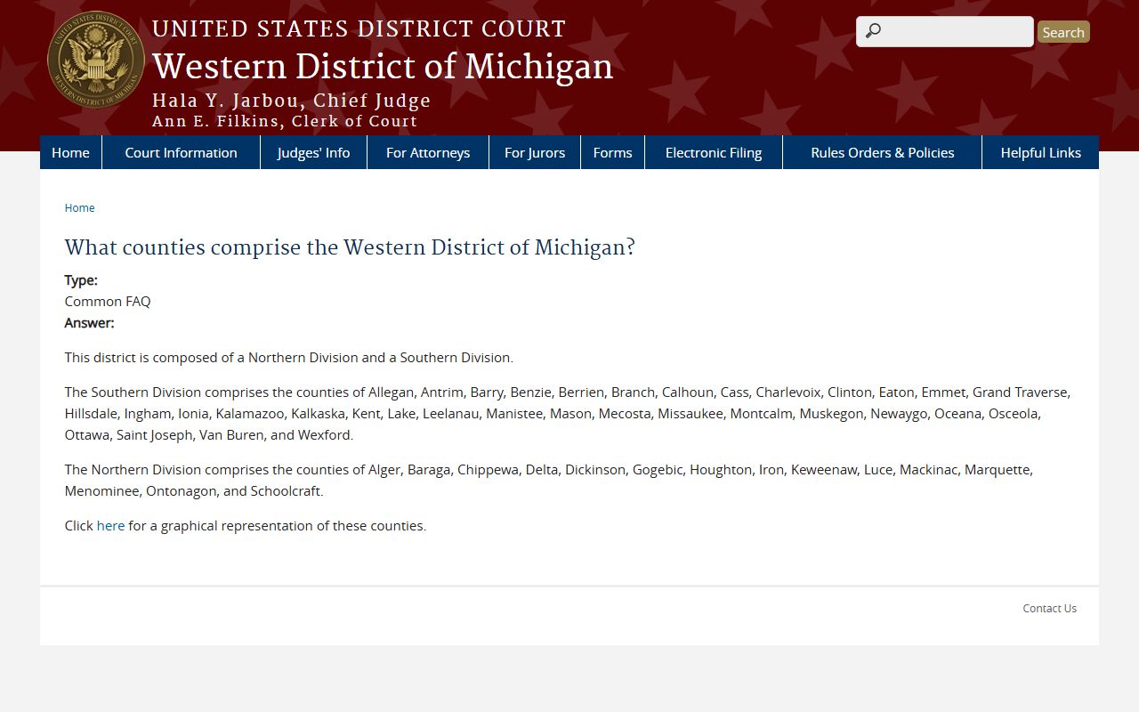 Western District of Michigan county list confirming Van Buren County coverage