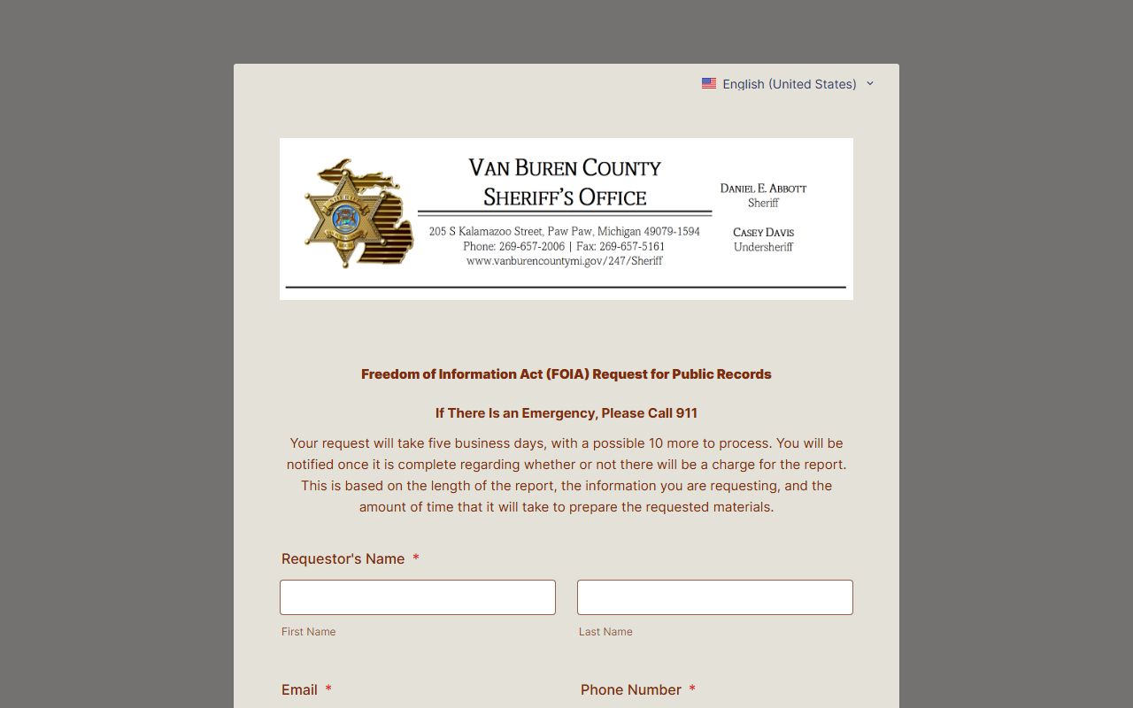 Van Buren County arrest records request through the Sheriff's Office FOIA form