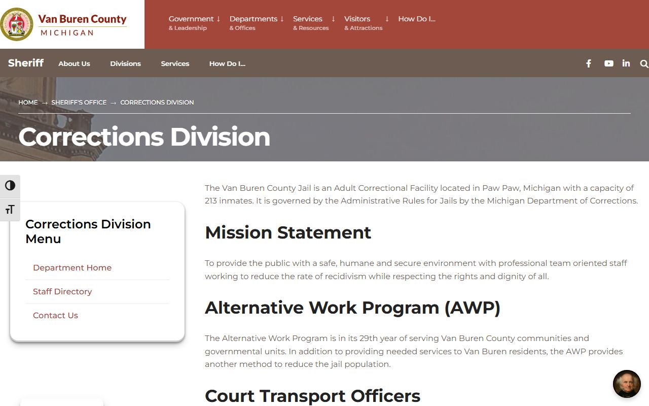 Van Buren County arrest records and the Corrections Division jail page
