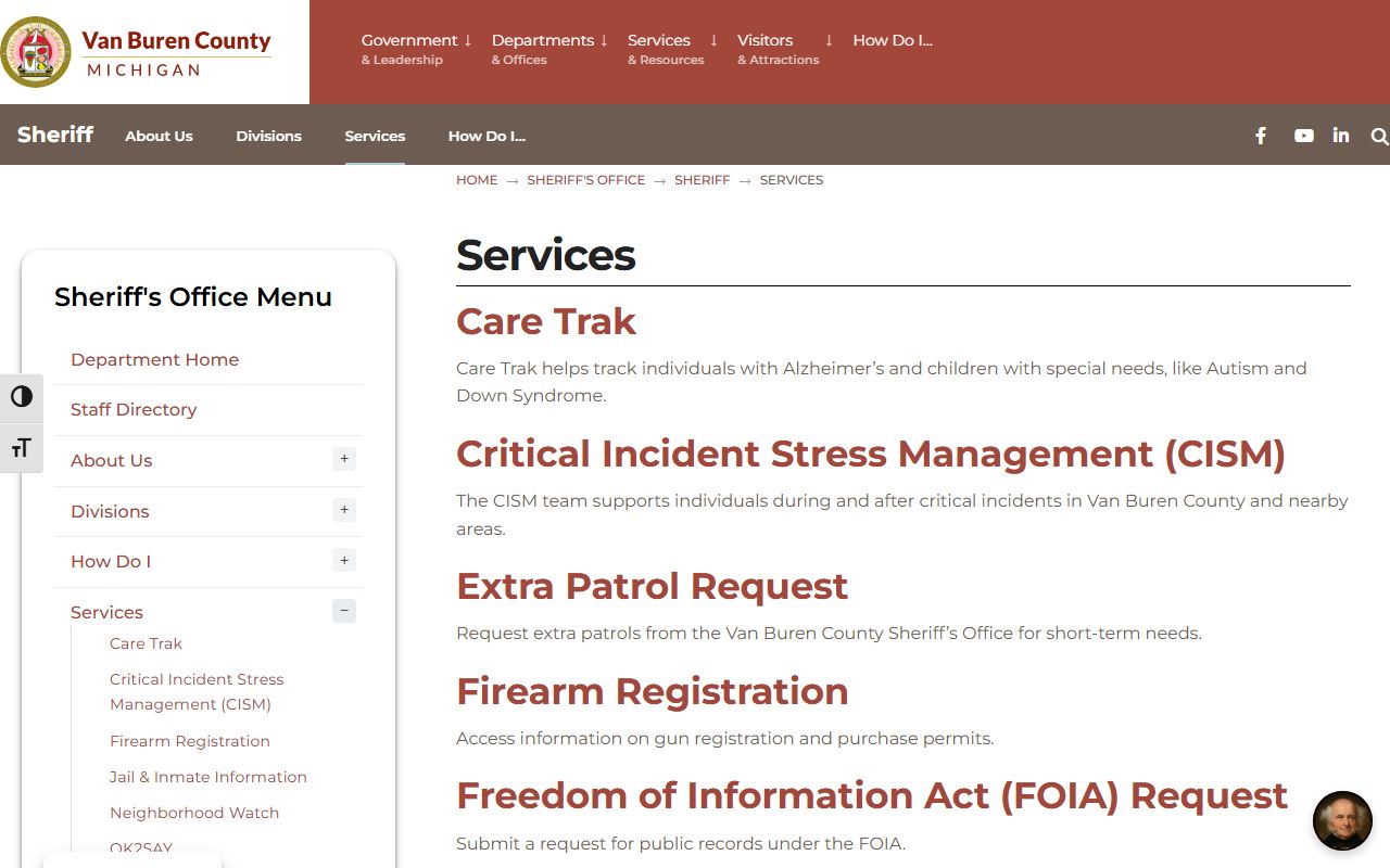 Van Buren County arrest records and the Sheriff's Office services page