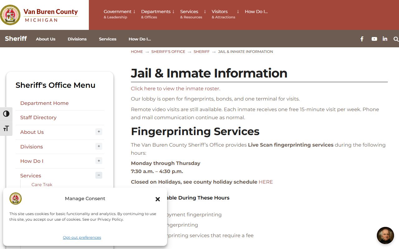 Van Buren County arrest records and the jail and inmate information page