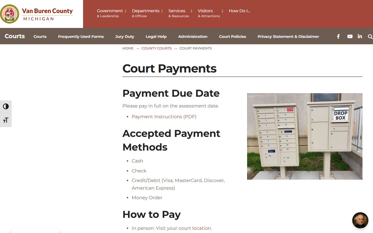 Van Buren County court dockets and the court payments page with payment location codes