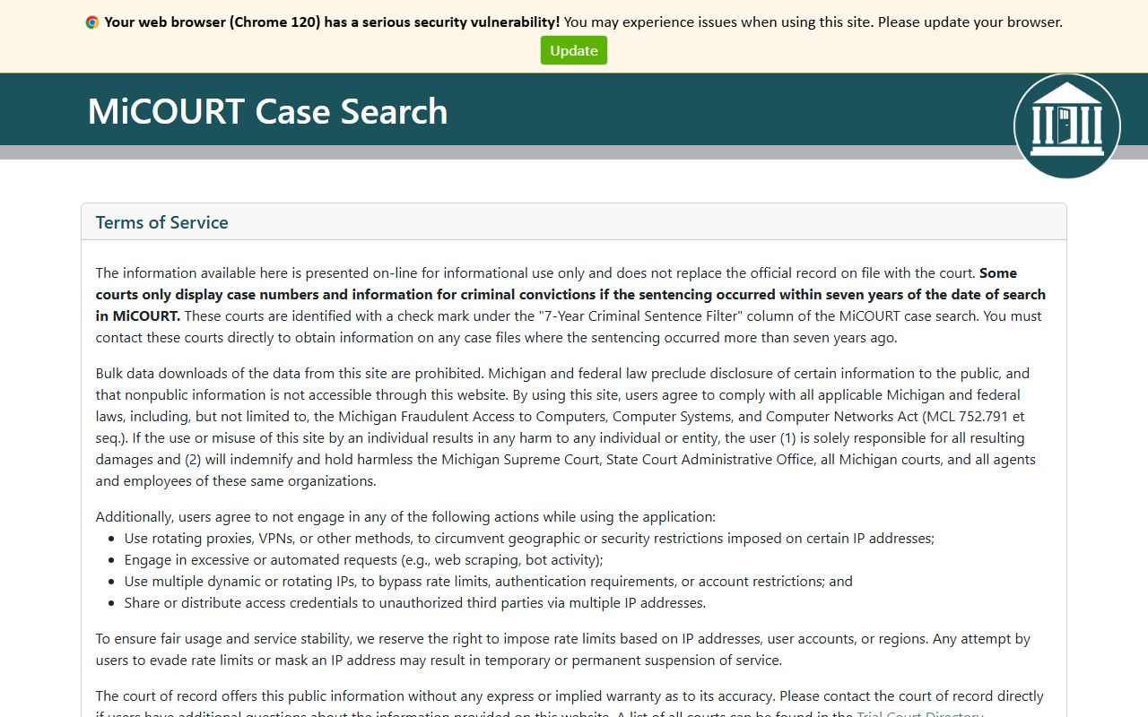 Van Buren County court dockets in the MiCOURT case search application