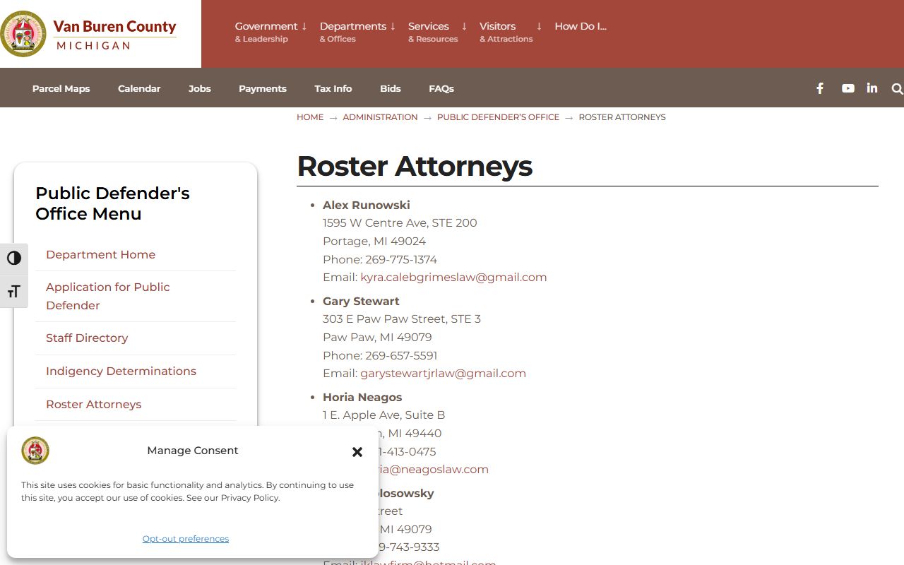 Van Buren County criminal court records and the public defender roster of attorneys