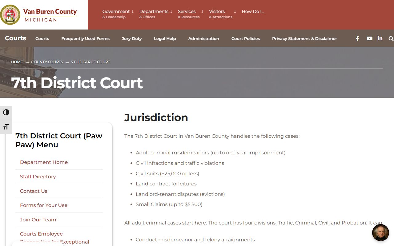 Van Buren County 7th District Court page describing traffic, misdemeanor, and small claims jurisdiction