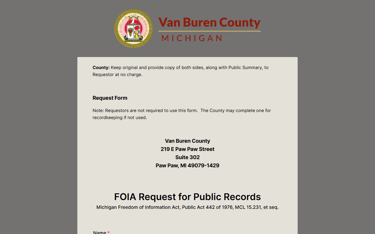 Van Buren County administration records request form for court-adjacent county records