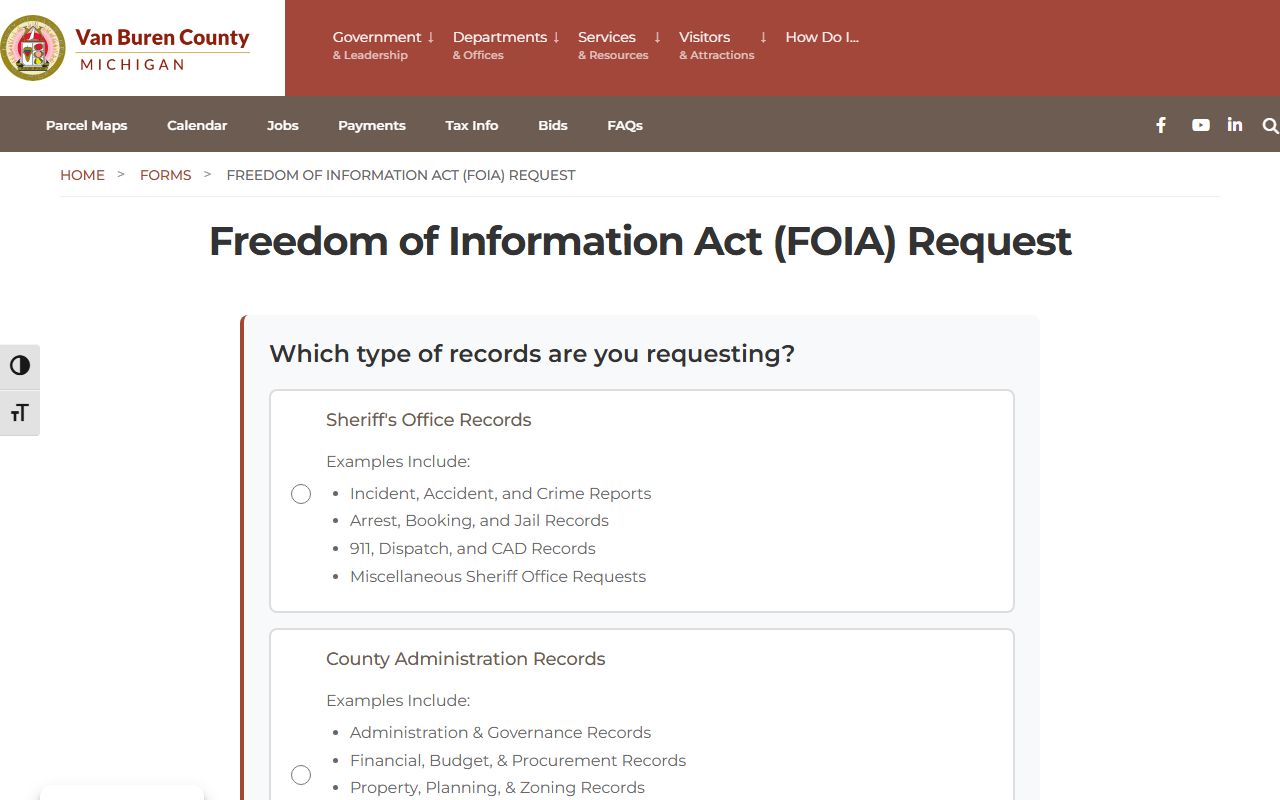 Van Buren County FOIA request router for county administration and sheriff records