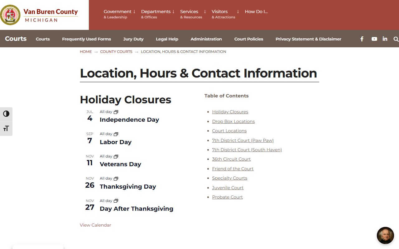 Van Buren County Court records location, hours, and contact information page