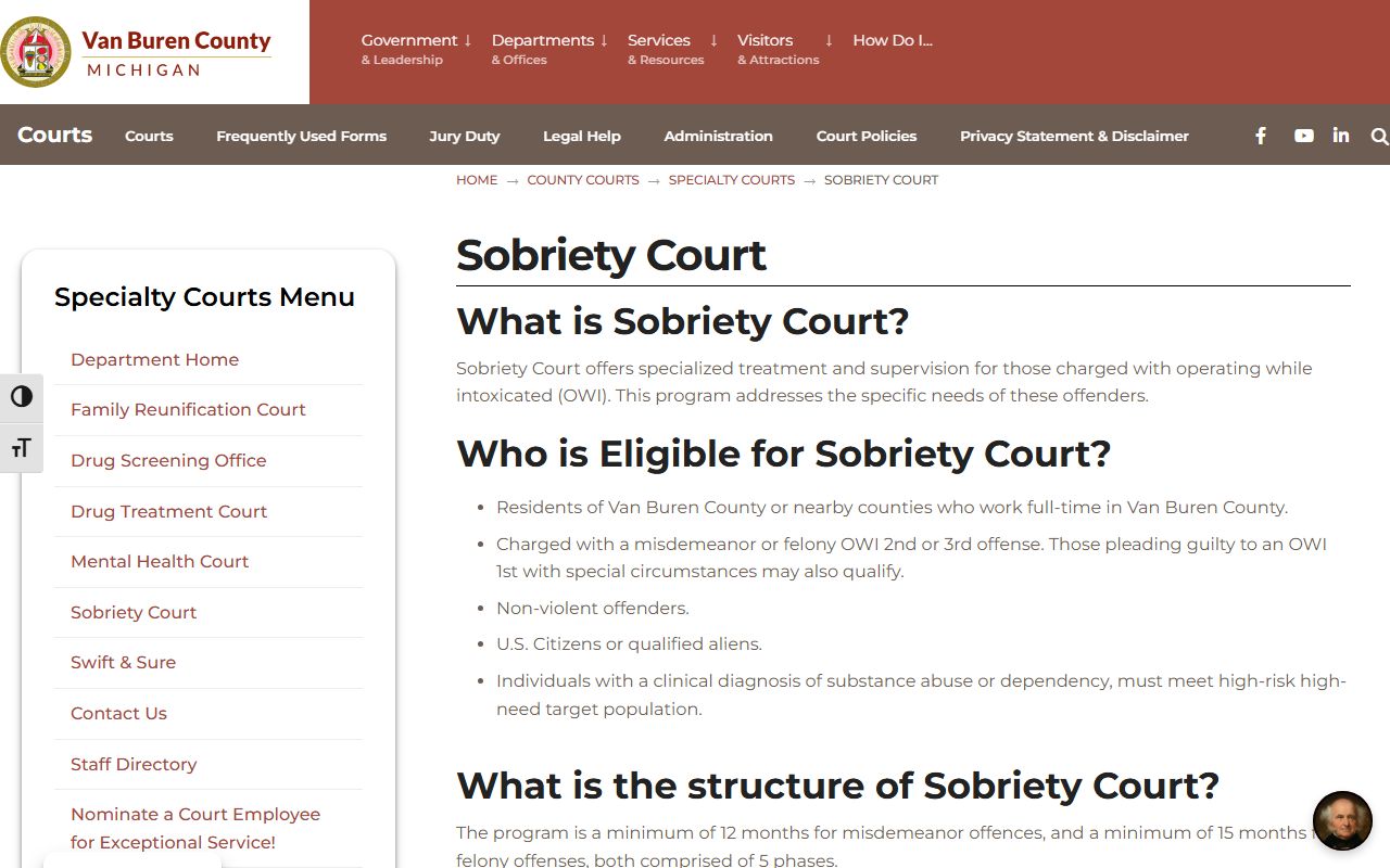 Van Buren County Sobriety Court records and OWI eligibility page