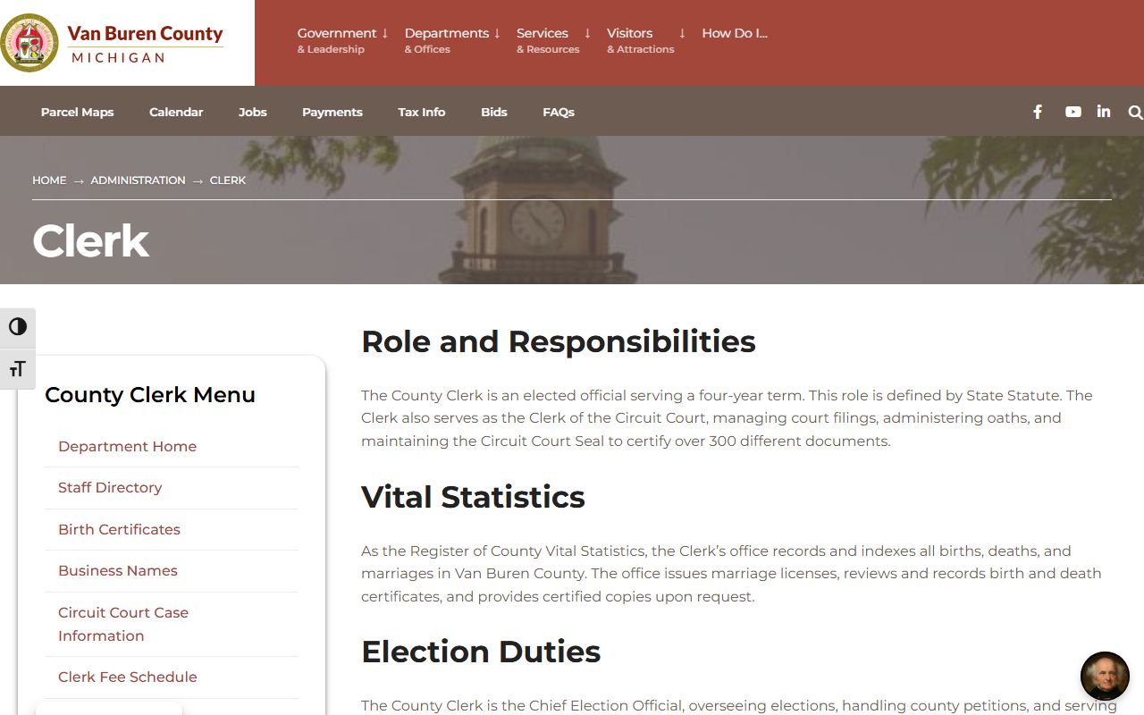 Van Buren County Clerk court records and fee schedule page