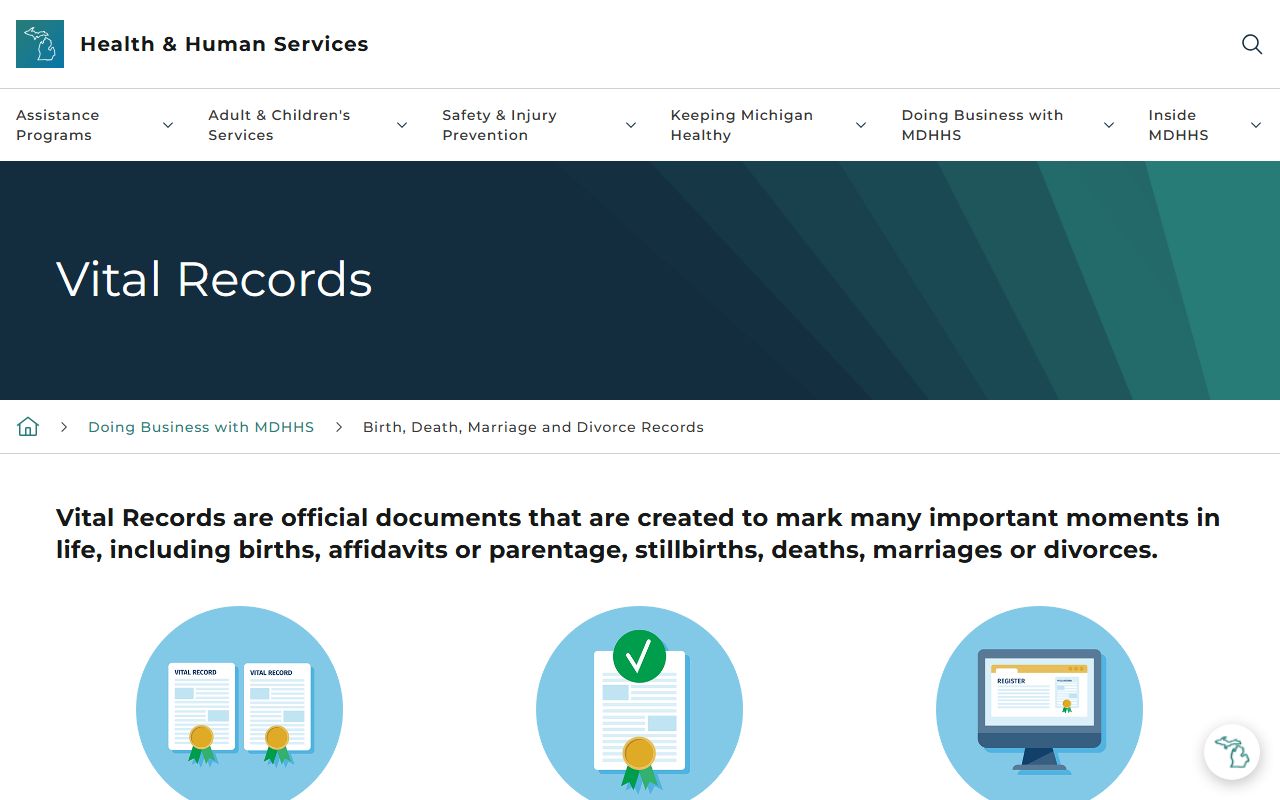 Michigan Vital Records page covering divorce and marriage certified copies for Van Buren County