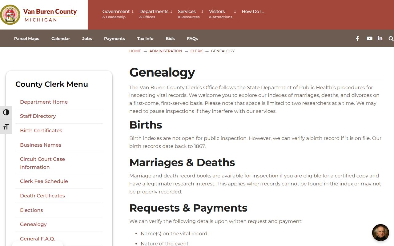 Van Buren County clerk genealogy page with marriage index and per-liber search fee