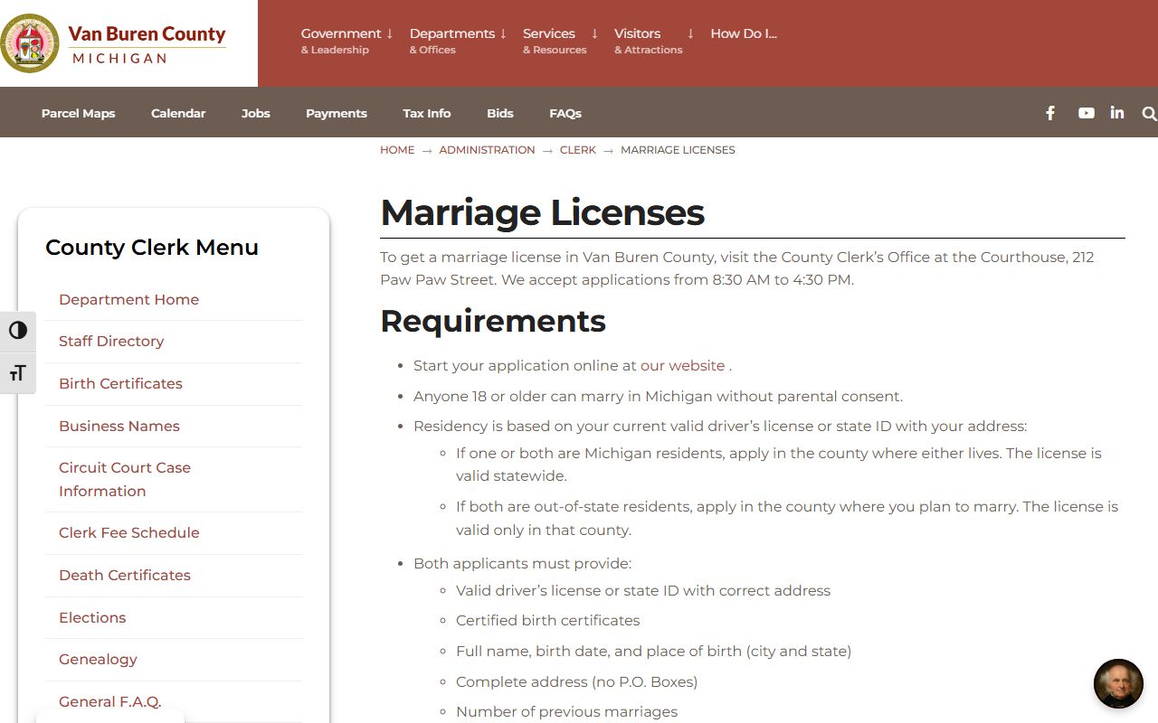 Van Buren County marriage license application requirements and records page