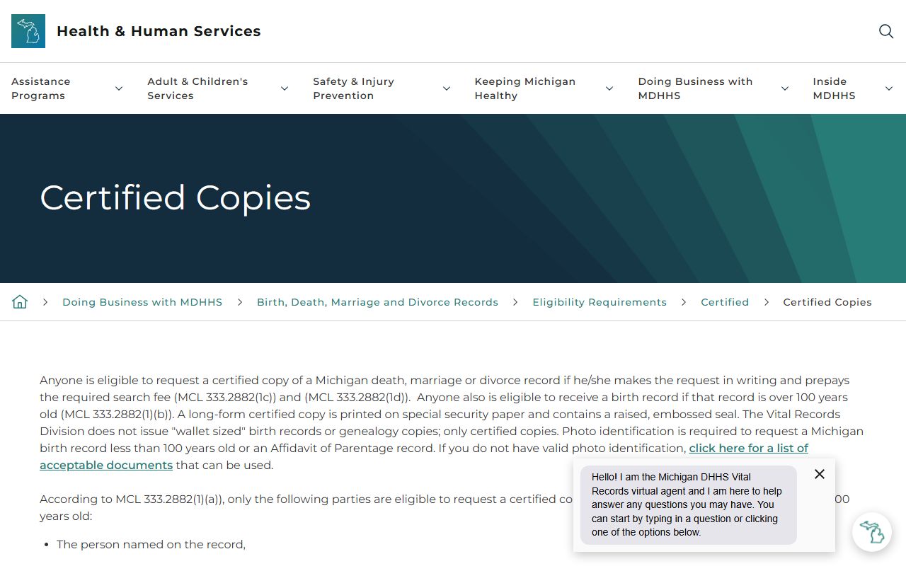 Michigan certified copy eligibility page for Van Buren County marriage and divorce records