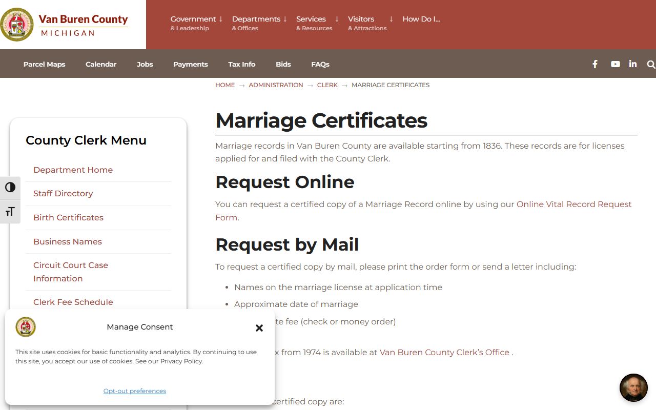 Van Buren County marriage certificate request page with record range and copy fees