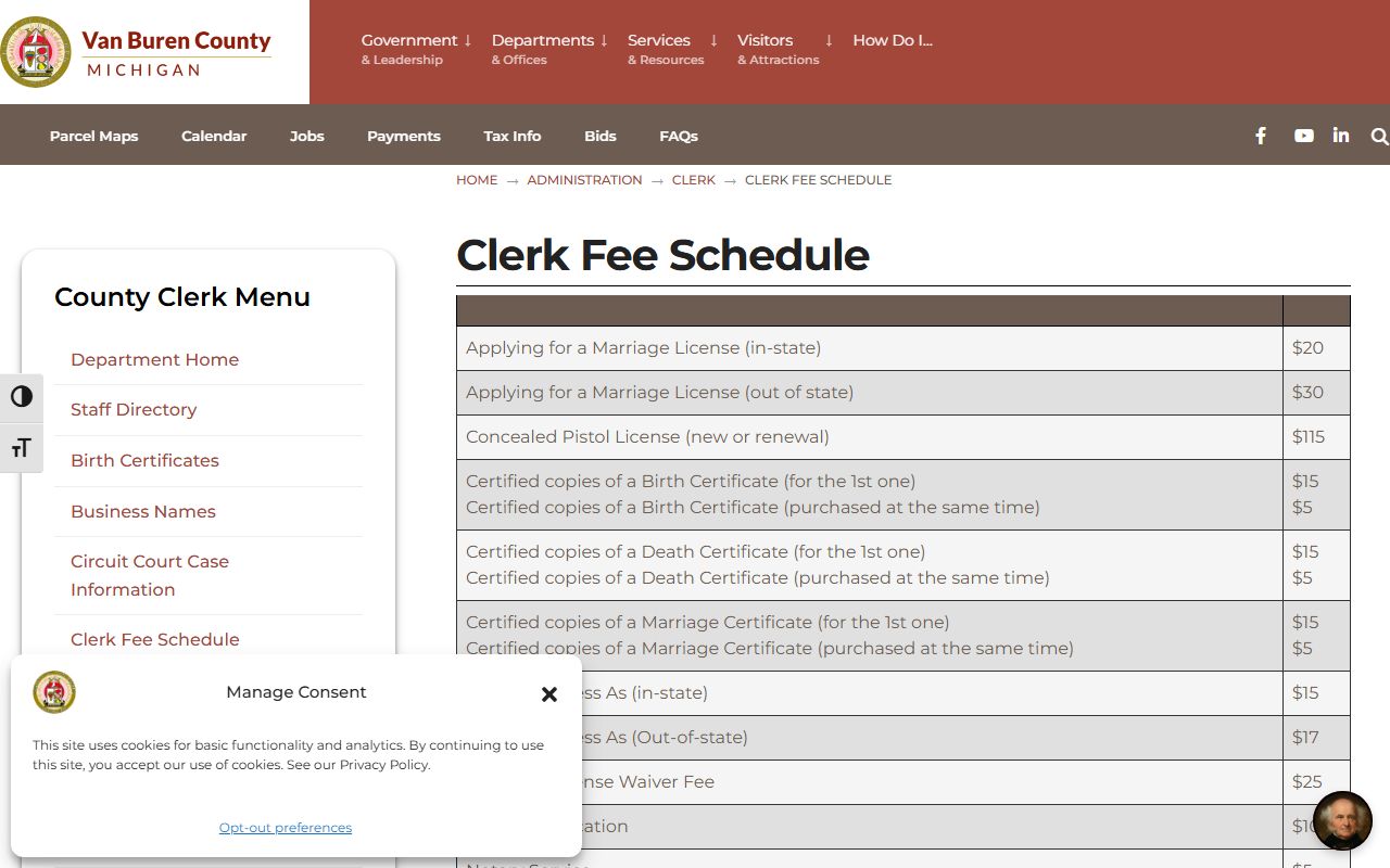 Van Buren County clerk fee schedule for marriage records and certified copies