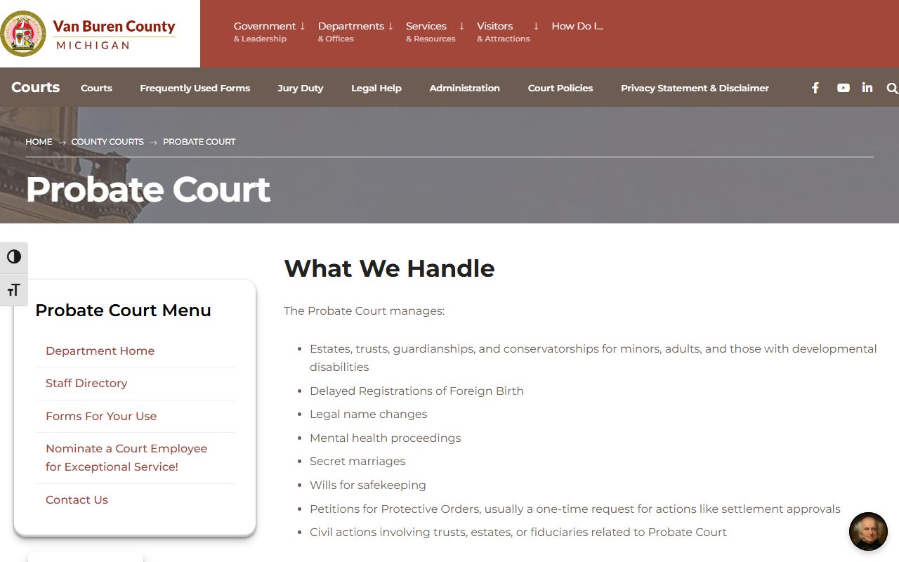 Van Buren County Probate Court page listing estate, guardianship, and payment details